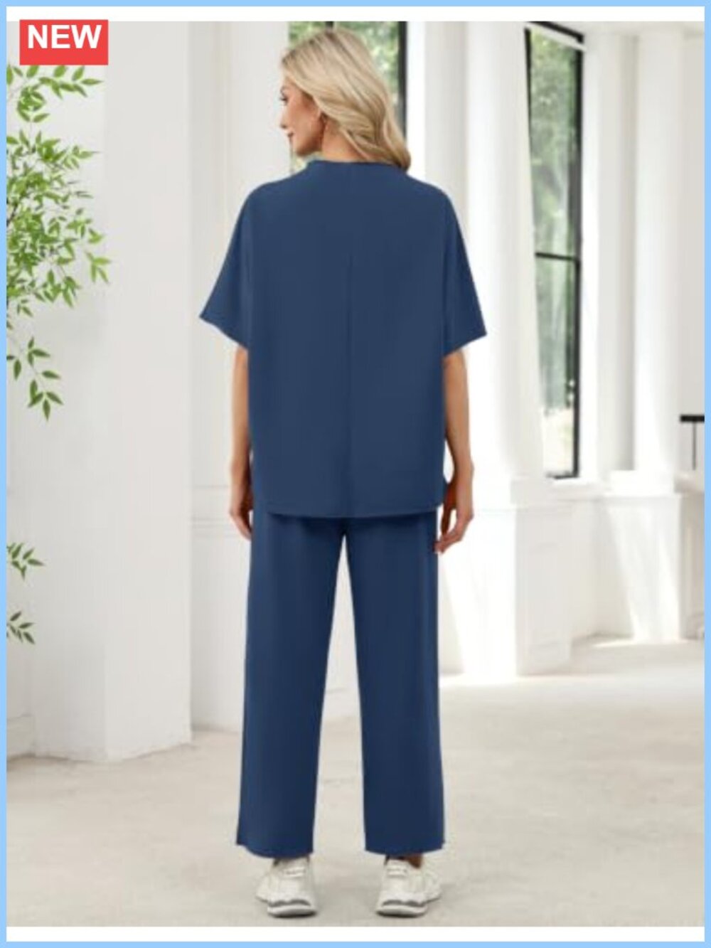 Ivicoer Two Piece Set Crewneck 3/4 Sleeve Top Wide Leg Pants Cotton Polyester - Picture 2 of 6